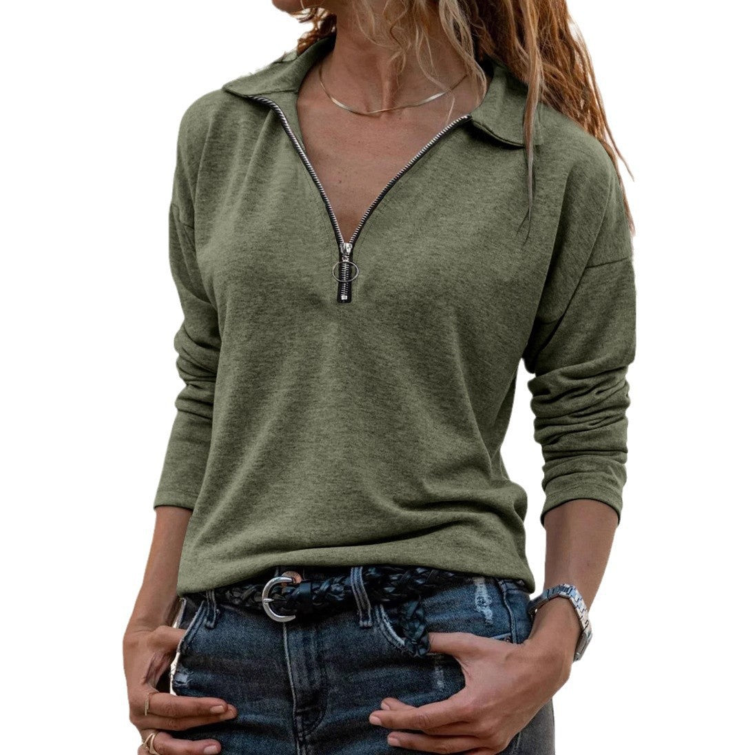 Damen Longsleeve mit Reißverschluss & Reverskragen