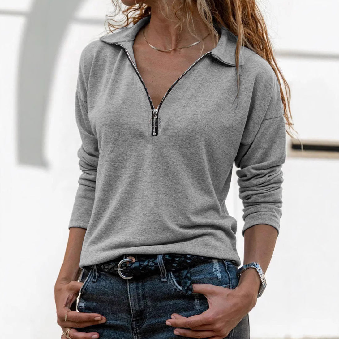 Damen Longsleeve mit Reißverschluss & Reverskragen