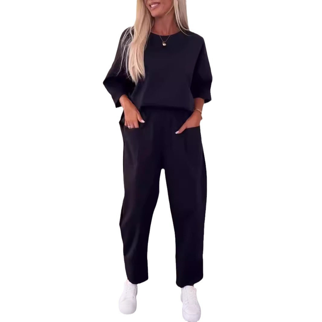 Damen Zweiteiler – Lässiges Set mit Rundhals-Top & Cropped Hose