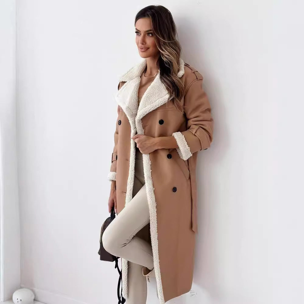 Damen Winter Trenchcoat mit Gürtel – Doppelreiher & Revers