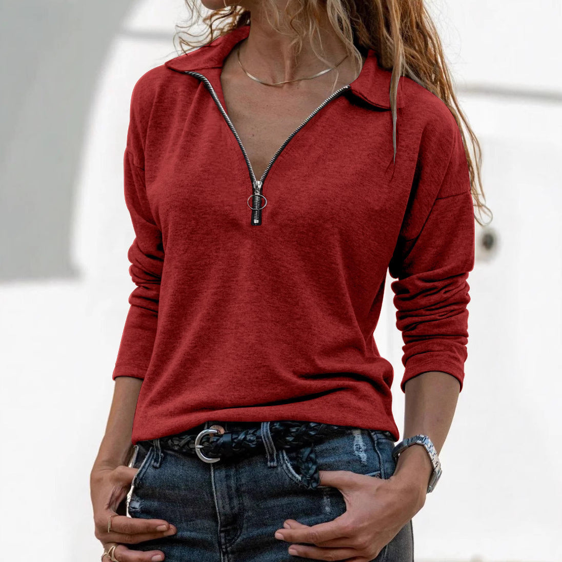 Damen Longsleeve mit Reißverschluss & Reverskragen