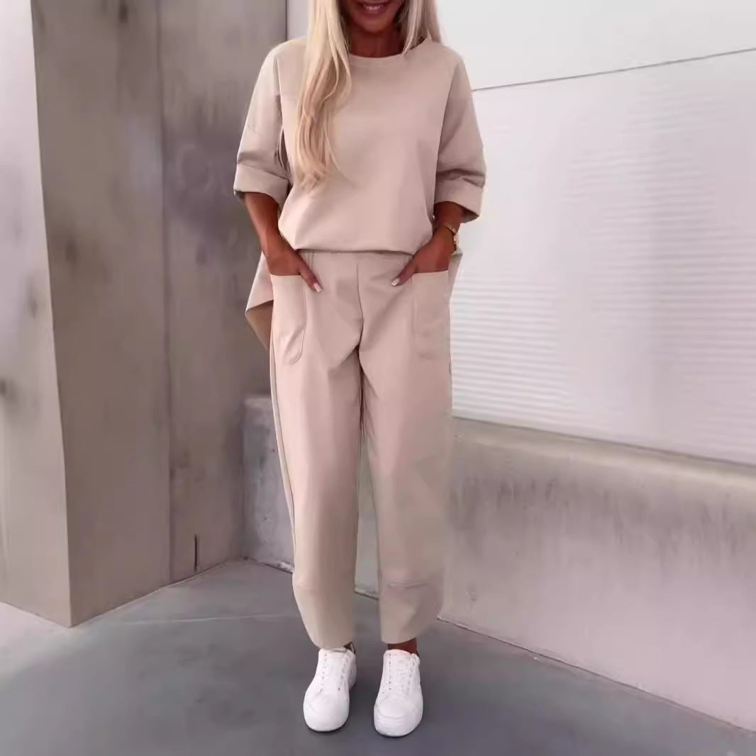 Damen Zweiteiler – Lässiges Set mit Rundhals-Top & Cropped Hose